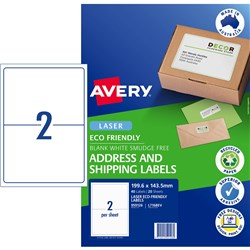 Avery Eco Friendly Labels Laser Printer White 199.6x143.5mm 2UP 40 Labels