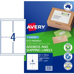 Avery Eco Friendly Labels Laser Printer White 99.1x139mm 4UP 80 Labels