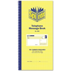 Spirax 550 Telephone Message Book Carbonless 4 Per Page 160 Duplicate Sets Side Opening