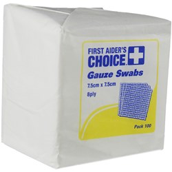 First Aider's Choice Gauze Swabs 8 Ply 7.5x7.5cm Pack of 100